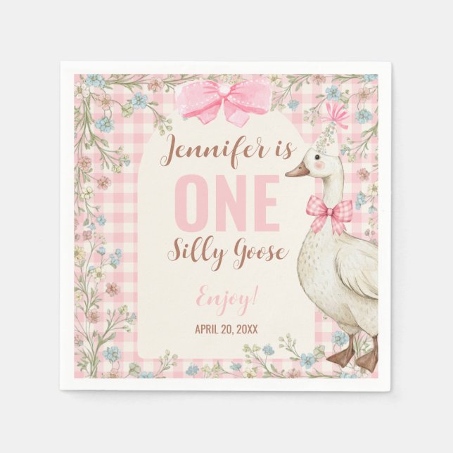 One Silly Goose Birthday Pink Gingham  Serviette (Vorderseite)