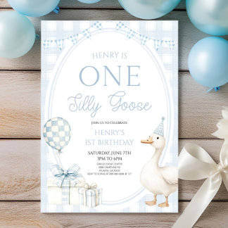 ONE Silly Goose Blue 1st Birthday Party Einladung