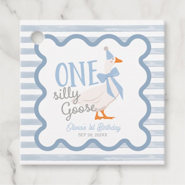 One Silly Goose Blue Bow 1st Birthday Geschenkanhänger (Vorderseite)