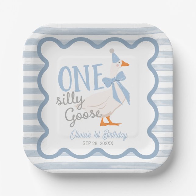 One Silly Goose Blue Bow 1st Birthday Pappteller (Vorderseite)