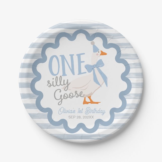 One Silly Goose Blue Bow 1st Birthday Pappteller (Vorderseite)