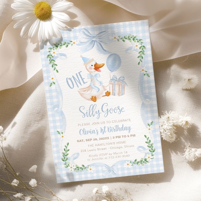 One Silly Goose Blue Bow Floral 1st Birthday Einladung (Von Creator hochgeladen)