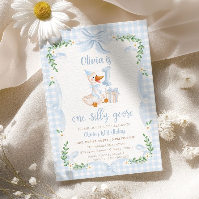 One Silly Goose Blue Bow Floral 1st Birthday Einladung (Von Creator hochgeladen)