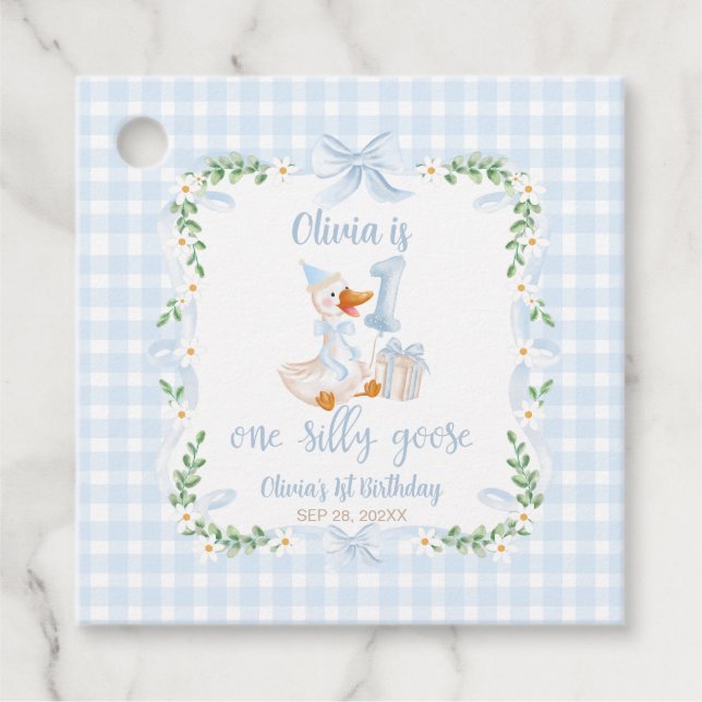 One Silly Goose Blue Bow Floral 1st Birthday Geschenkanhänger (Vorderseite)
