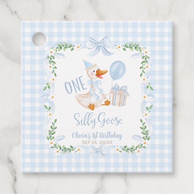 One Silly Goose Blue Bow Floral 1st Birthday Geschenkanhänger (Vorderseite)
