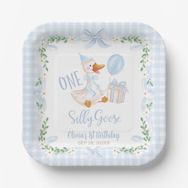 One Silly Goose Blue Bow Floral 1st Birthday Pappteller (Vorderseite)