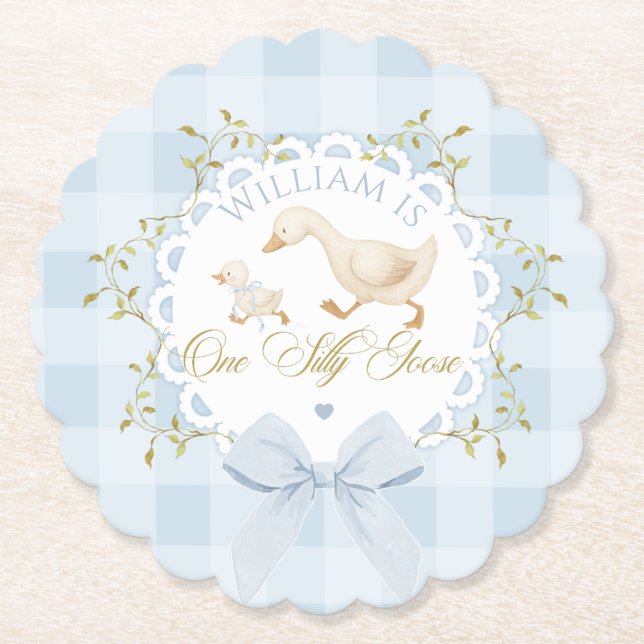 One Silly Goose Blue Goingham Whimsical Birthday Untersetzer (Vorderseite)