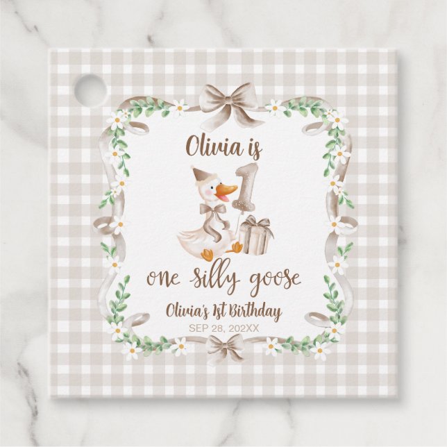 One Silly Goose Brown Bow 1st Birthday Geschenkanhänger (Vorderseite)