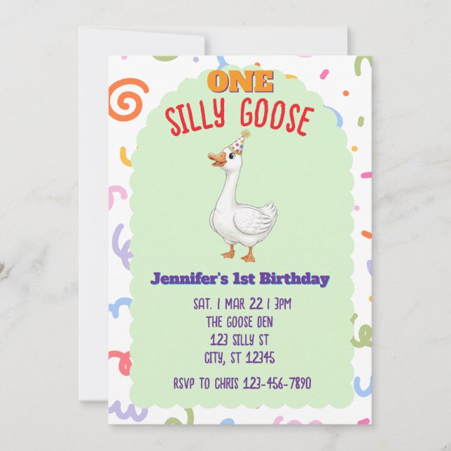 ONE Silly Goose, Colorful 1st Birthday Einladung (Vorderseite)