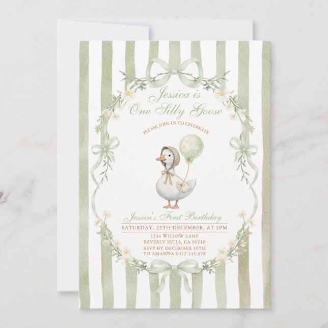 One Silly Goose First Birthday Green Invitation Einladung (Vorderseite)