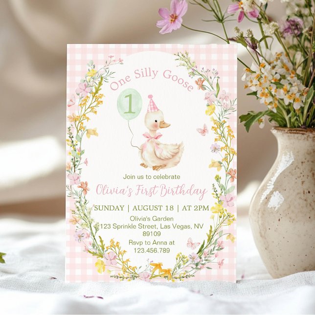 One Silly Goose Floral Pink Girl Birthday Einladung (Von Creator hochgeladen)