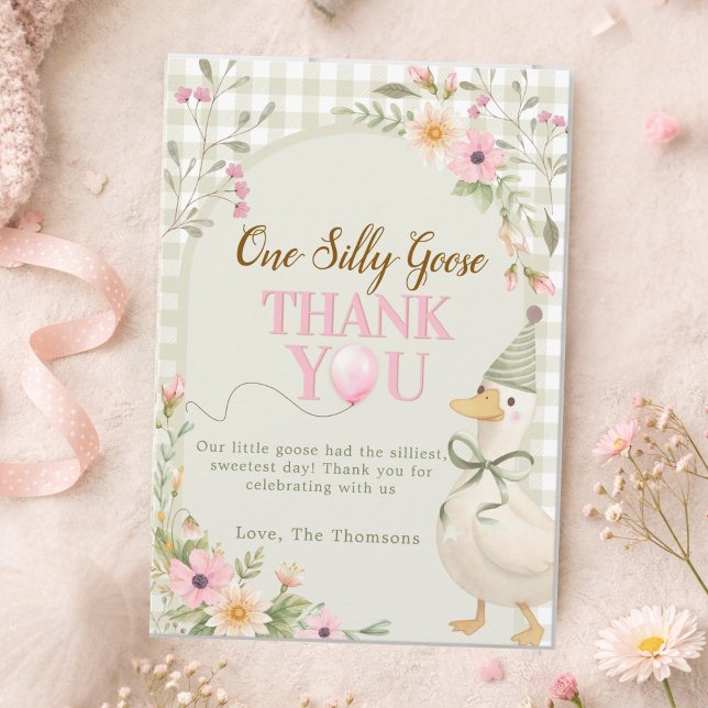 One Silly Goose Gingham Pink Floral Birthday Dankeskarte (Von Creator hochgeladen)