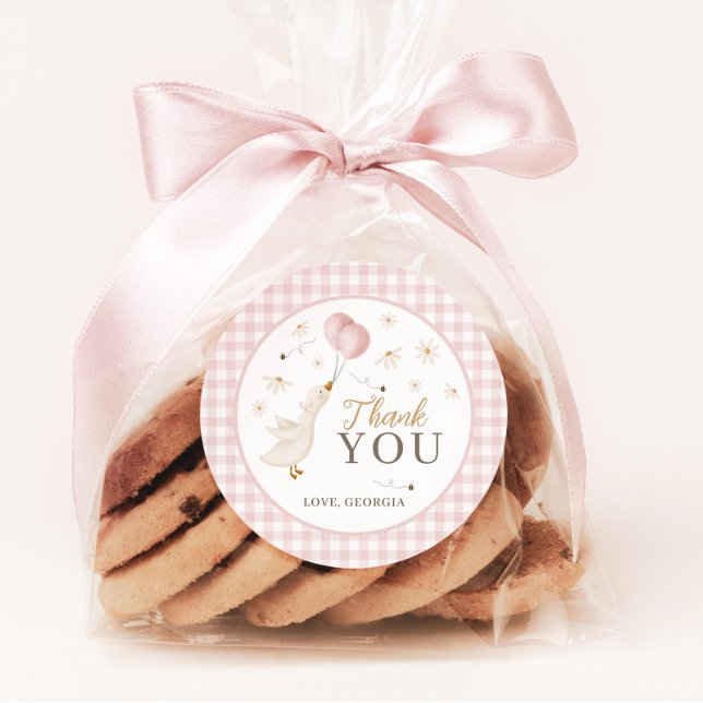 One Silly Goose Girls 1st Birthday Pink Gingham Runder Aufkleber (Favor Stickers for Girl's 1st Birthday Party Silly Goose Pink Theme )