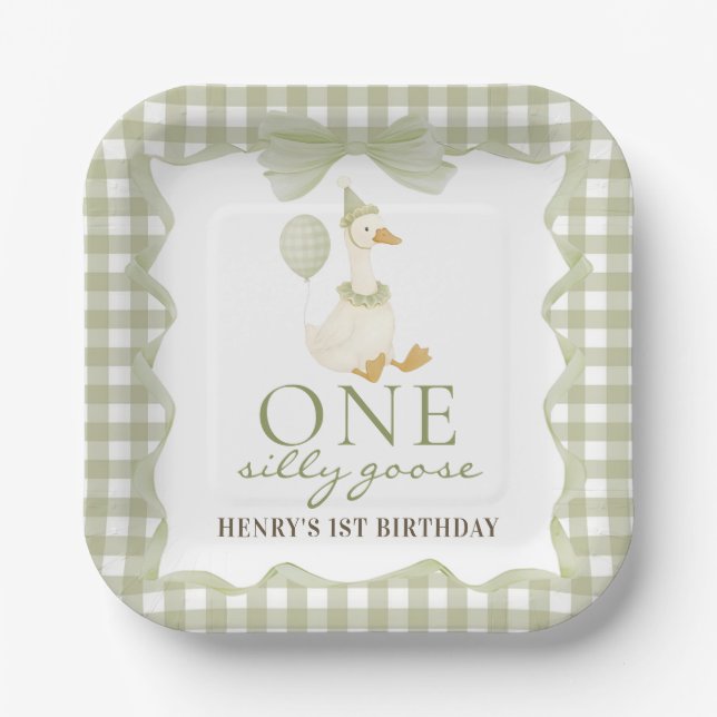  One Silly Goose Green 1st Birthday Paper Plate Pappteller (Vorderseite)