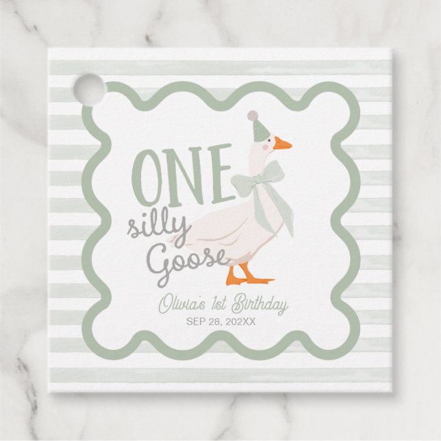 One Silly Goose Green Bow 1st Birthday Geschenkanhänger (Vorderseite)