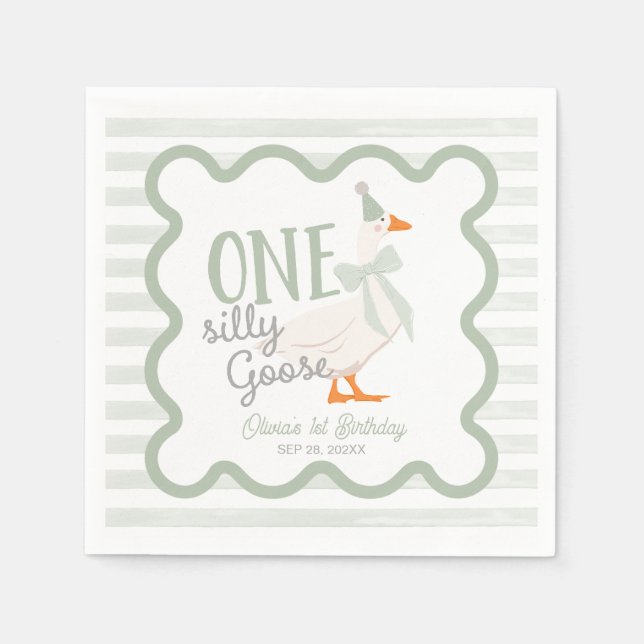 One Silly Goose Green Bow 1st Birthday Serviette (Vorderseite)