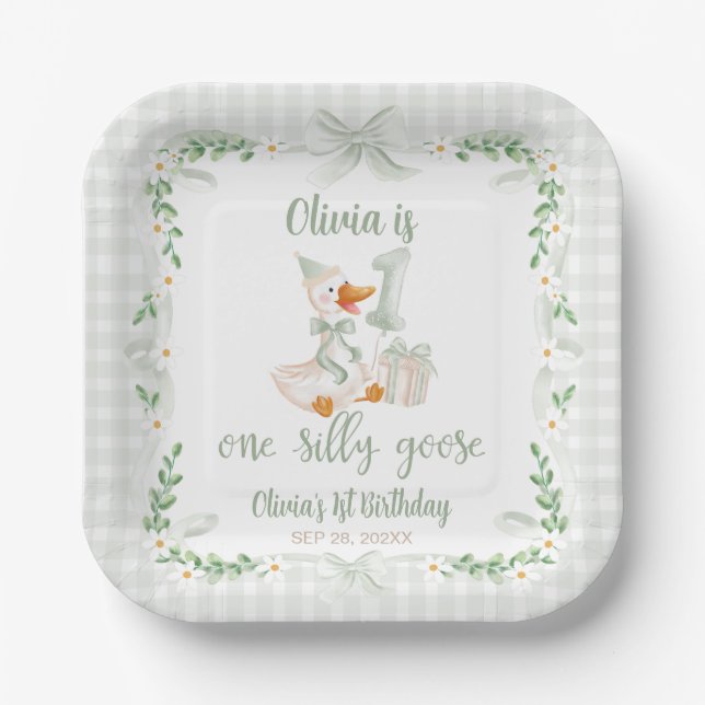 One Silly Goose Green Bow Floral 1st Birthday Pappteller (Vorderseite)