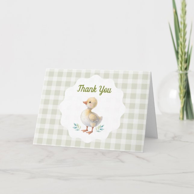 One Silly Goose Green Gingham Baby First Birthday Dankeskarte (Vorderseite)