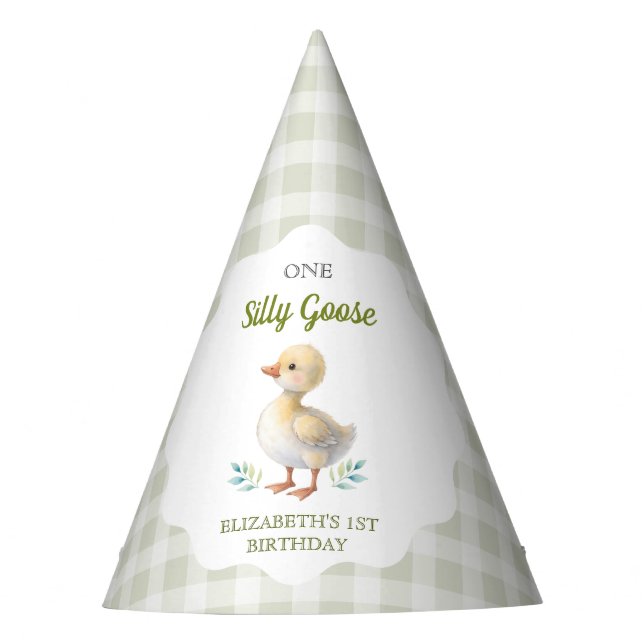 One Silly Goose Green Gingham Baby First Birthday Partyhütchen (Vorderseite)