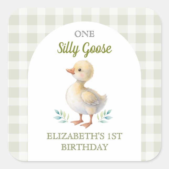 One Silly Goose Green Gingham Baby First Birthday Quadratischer Aufkleber (Vorderseite)