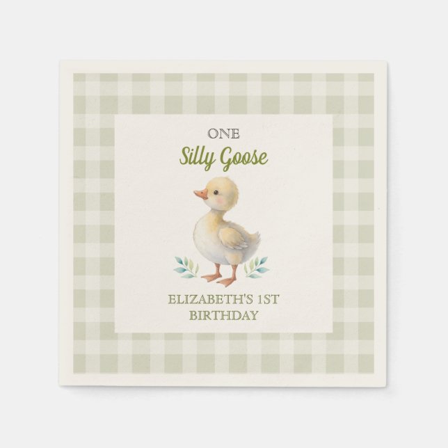 One Silly Goose Green Gingham Baby First Birthday Serviette (Vorderseite)