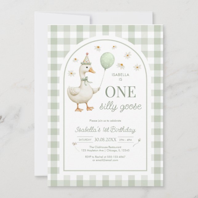One Silly Goose Green Girl 1st Birthday Invitation Einladung (Vorderseite)