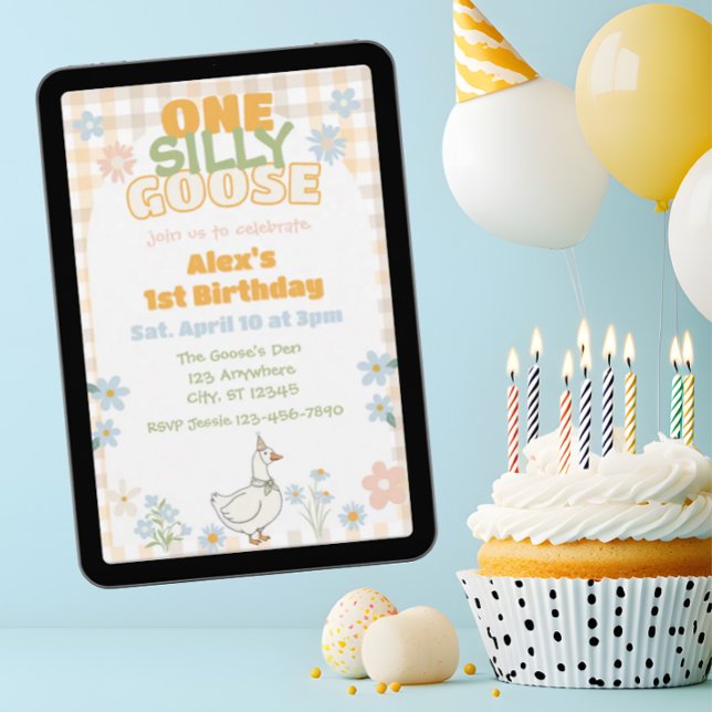 One Silly Goose Neutral Pastel Plaid 1st Birthday Einladung (Von Creator hochgeladen)