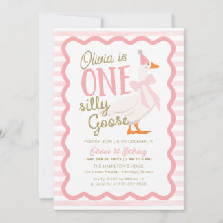 One Silly Goose Pink Bow 1st Birthday Einladung