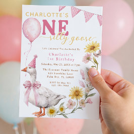 One Silly Goose Pink Bow 1st Birthday Invitation Einladung