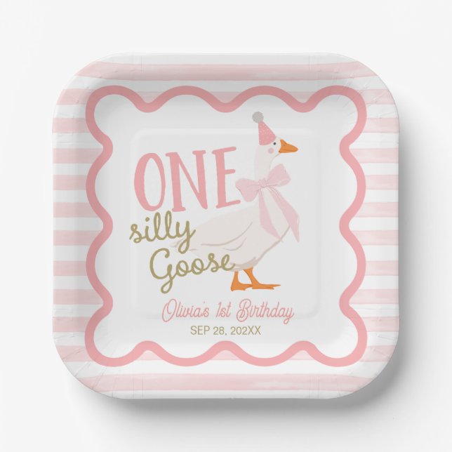 One Silly Goose Pink Bow 1st Birthday Pappteller (Vorderseite)
