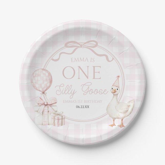 ONE Silly Goose Pink Bow 1st Birthday Party Pappteller (Vorderseite)
