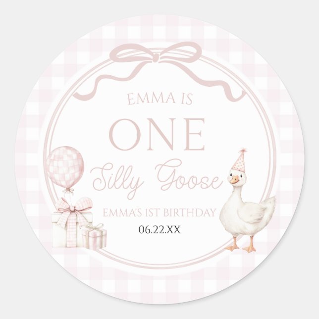 ONE Silly Goose Pink Bow 1st Birthday Party Runder Aufkleber (Vorderseite)