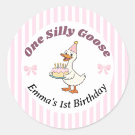 One Silly Goose Pink Bow 1st Birthday Runder Aufkleber