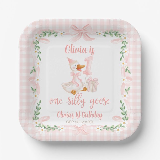 One Silly Goose Pink Bow Floral 1st Birthday Pappteller (Vorderseite)