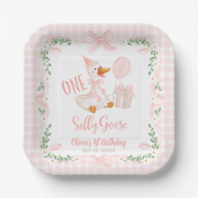 One Silly Goose Pink Bow Floral 1st Birthday Pappteller (Vorderseite)