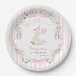 One Silly Goose Pink Bow Floral 1st Birthday Pappteller