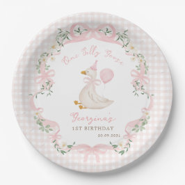 One Silly Goose Pink Bow Gingham 1st Birthday Pappteller