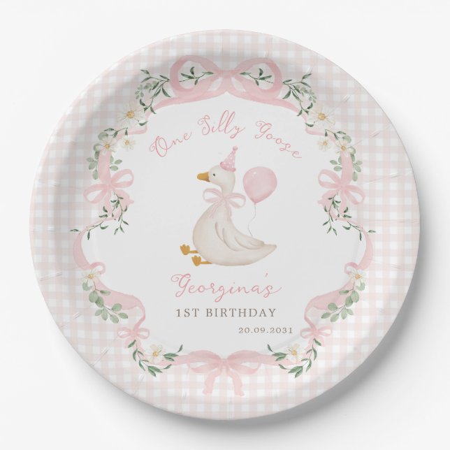 One Silly Goose Pink Bow Gingham 1st Birthday Pappteller (Vorderseite)