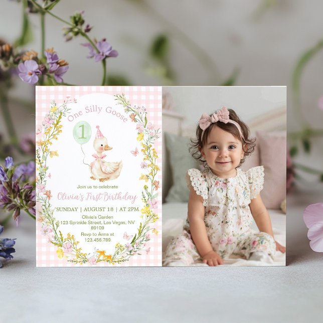 One Silly Goose Pink Floral Birthday Photo Invite Dankeskarte (Von Creator hochgeladen)