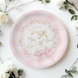 One Silly Goose Pink Gingham 1st Birthday Bow Pappteller