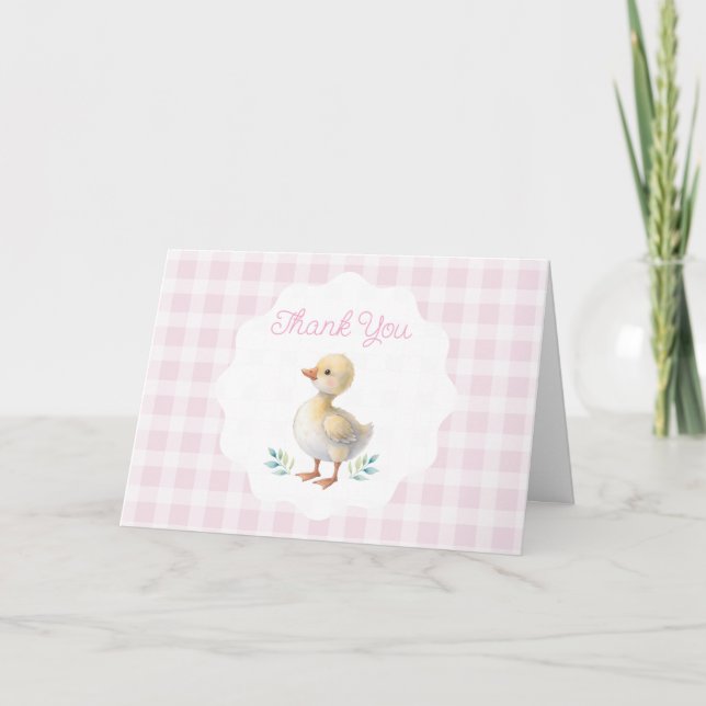 One Silly Goose Pink Gingham Girl First Birthday Dankeskarte (Vorderseite)