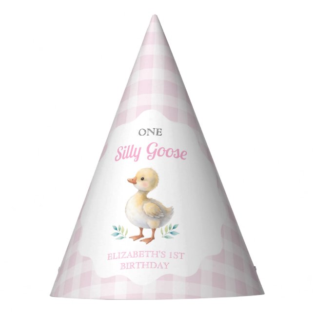 One Silly Goose Pink Gingham Girl First Birthday Partyhütchen (Vorderseite)
