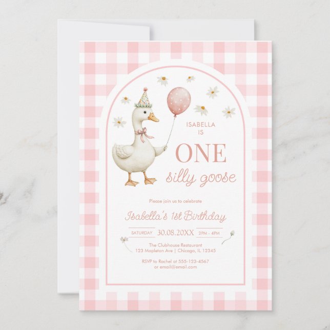 One Silly Goose Pink Girl 1st Birthday Invitation Einladung (Vorderseite)