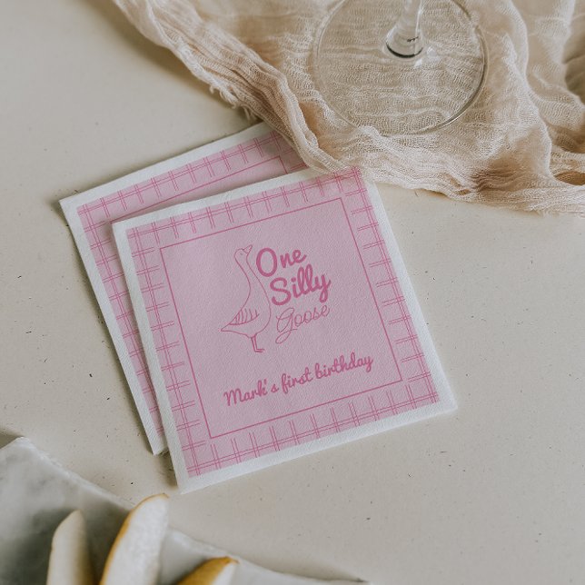 One Silly Goose Pink Hand Drawn Girl 1st Birthday  Serviette (Von Creator hochgeladen)