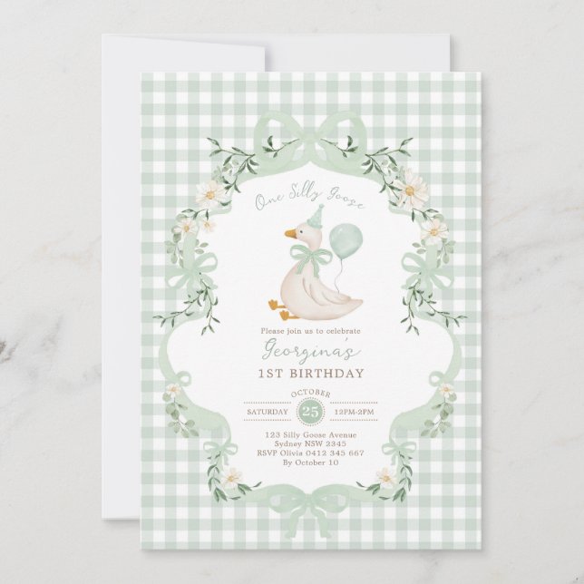 One Silly Goose Sage Green Bow 1st Birthday Einladung (Vorderseite)