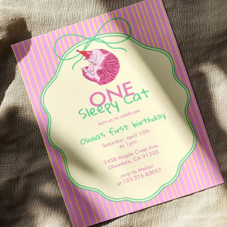 One Sleepy Cat 1. Geburtstag – Gelbe Streifen Einladung