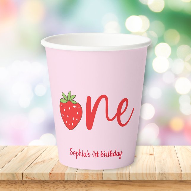 One Strawberry Birthday Pink Pappbecher (Von Creator hochgeladen)