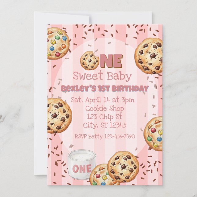 One Sweet Baby, Pink Cookie 1st birthday Einladung (Vorderseite)
