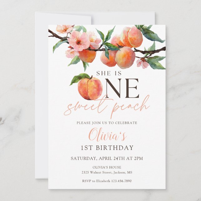 One Sweet Peach 1. Geburtstag  Einladung (Vorderseite)