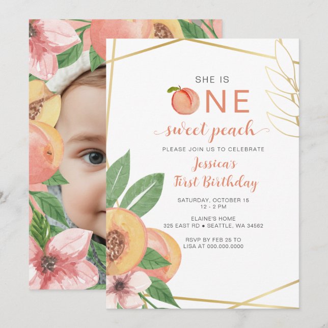 One Sweet Peach First Birthday photo Einladung (Vorne/Hinten)